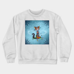 Funny cute sugar cat skeleton with flowers Crewneck Sweatshirt